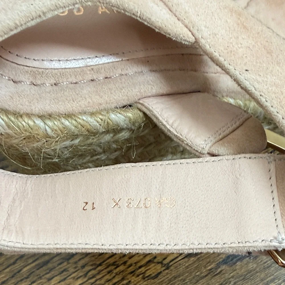 Good American Pale Pink Suede Gold Hardware Espadrille Wedge Sandals NEW Size 12